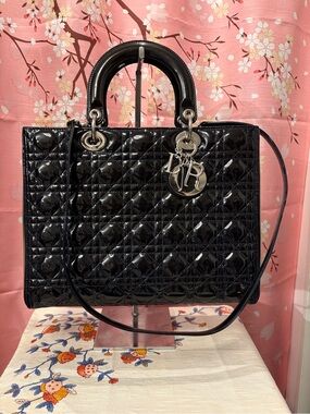 CHRISTIAN DIOR Lady Dior Large Cannage Quilted Patent Leather Bag Navy Blue SHW